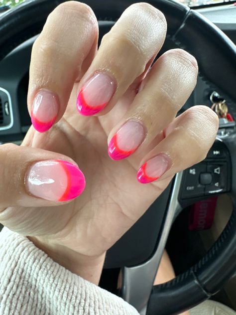 Pink French Tip Nails With Orange Line, Spring Nails Full Color, Hot Pink And Orange Nails French Tip, French Tip Pink And Orange, Pink And Orange French Nails, Pink And Orange French Tips, Pink And Orange French Tip Nails, Pink And Orange French Tip, Coral French Tip Nails