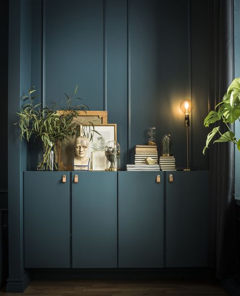 Want to give an ikea hack a go? We love how simple, yet effective, this Ivar cabinet hack is in transforming Ikea's most basic cabinets into unit with a distinctly bespoke and built in feel. #ikeahack #darkinteriors #livingroom #realhomes Ivar Ikea Hack, Ikea Ivar Cabinet, Ikea Ivar, Teal Paint, Best Ikea, Ikea Cabinets, 아파트 인테리어, Mobile Tv, Living Room On A Budget