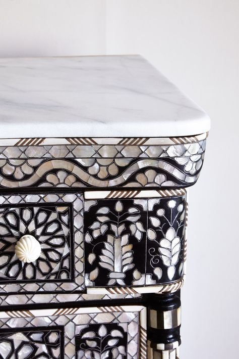 Syrian Mother-of-pearl chest of five drawers | Valerie Wade Damascus Syria, Bone Inlay Furniture, Plain Curtains, Inlay Furniture, Turban Style, Funky Furniture, Indian Decor, Bone Inlay, Dream Decor