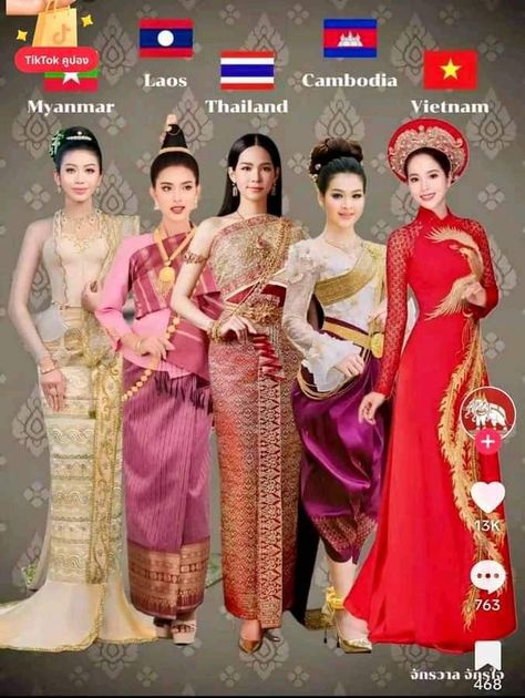 Vietnam National Costume, Laos Culture, Laos Wedding, Thailand National Costume, Cambodian Clothes, Eastern Culture, Thai Culture, Culture Fashion, Thai Traditional Dress