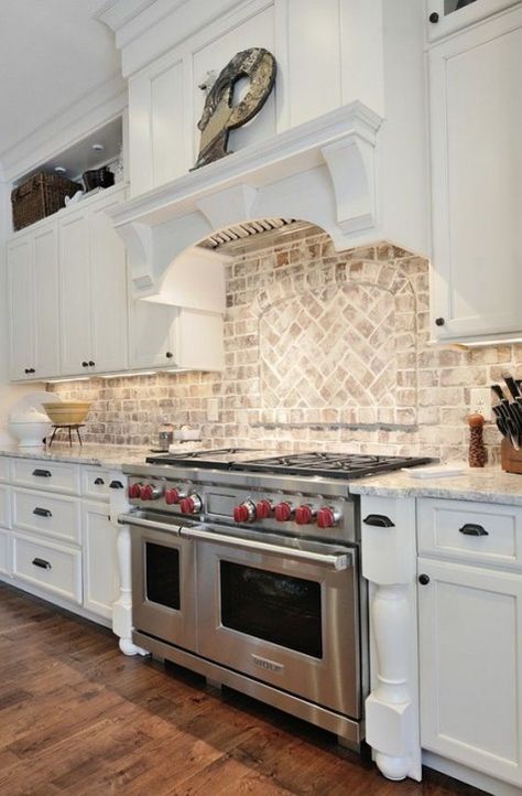 red brick was whitewashed here to make the look softer and match the white kitchen with stone countertops Exposed Brick Kitchen, Farmhouse Build, Rustic Kitchen Backsplash, Brick Kitchen Backsplash, Brick Backsplash Kitchen, Farmhouse Kitchen Backsplash, Kitchen Luxury, White Kitchen Backsplash, Rustic Kitchen Cabinets