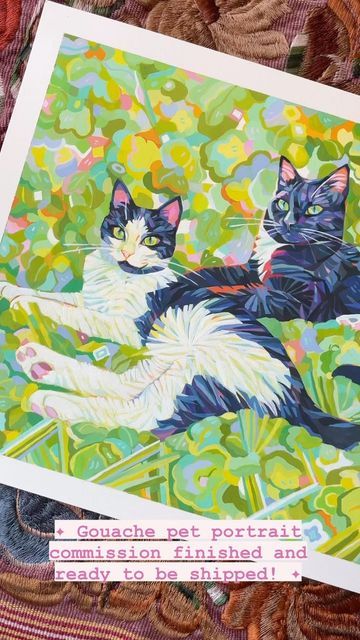 Gouache Cat Illustration, Gauche Cat Painting, Gouache Pet Portrait, Cat Gouache Painting, Pet Portraits Illustration, Gouache Animals, Cat Gouache, Gouache Portrait, Pet Portrait Art