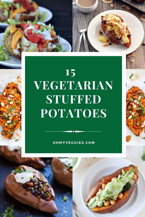 What's a sure-fire way to make a vegetarian meal that's super satisfying? Stuff it in a potato! Here are 18 of our favorite vegetarian stuffed potato recipes. Stuffed Potatoes Vegetarian, Vegetarian Stuffed Potatoes, Vegetarian Recipes With Potatoes, Baked Potato Vegetarian, Vegetarian Baked Potato, Stuffed Potato Recipes, Baked Potato Fillings, Potatoes Stuffed, Potato Boats