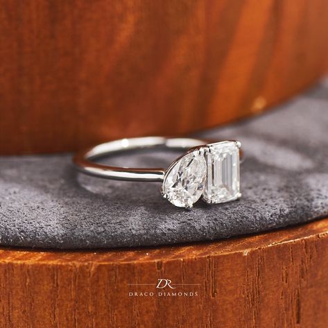 Emerald Cut And Pear Engagement Ring, Engagement Rings Asymmetrical, Assymetrical Engagement Rings, Asymmetrical Engagement Rings, Asymmetrical Ring Engagement, Asymmetrical Wedding Ring, Diamon Ring, Asymmetrical Engagement Ring, Asymmetrical Ring