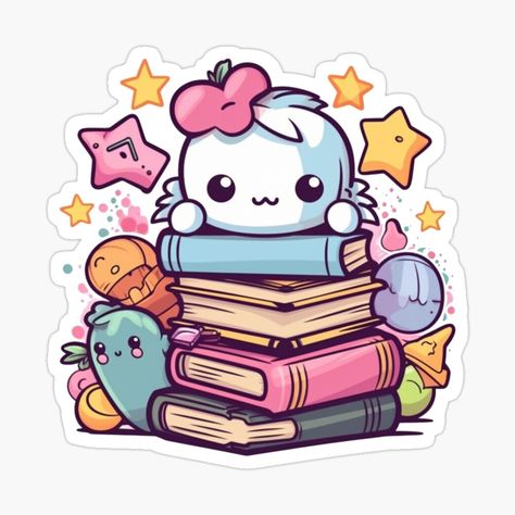 Kawaii Book Drawing, Kawaii Stickers Png, Sticker Book Ideas, Book Aesthetic Sticker, Sticker Book Diy, Book Design Ideas, Kawaii Book, Book Tattoo Ideas, Book Cover Ideas