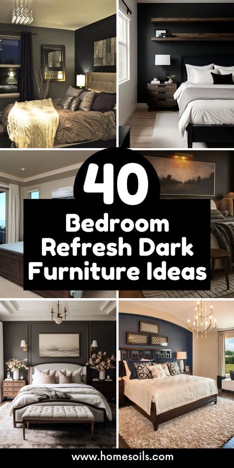 Transform your bedroom with 40 dark furniture ideas that exude sophistication and style. From Modern Palm Springs to Eclectic Vintage Hideaways, discover how to create a serene and elegant retreat with dark wood, metal frames, and moody textiles. Elevate your space today! #BedroomDecor #DarkFurniture #HomeDesign Dark Brown Bedrooms, Dark Wood Bedroom Furniture, Dark Gray Bedroom, Dark Wood Bedroom, Dark Brown Furniture, Dark Wood Bed, Dark Bedroom Furniture, Bedroom Decor Dark, Bedroom Decoration Ideas