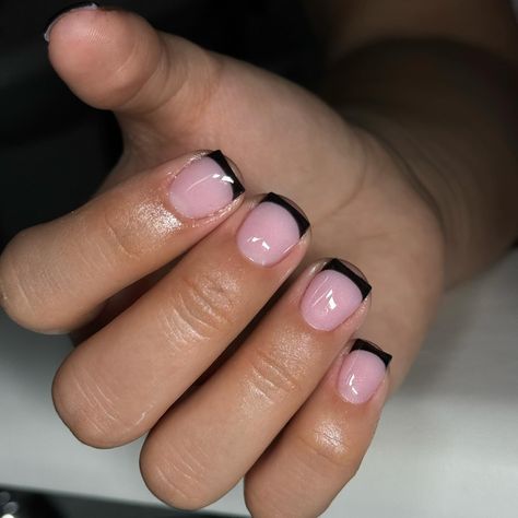 black on pink french overlay 🖤 Gel Overlay French Tip, Black French Tip Manicure, Pink And Black French Tip, Black French Tip, French Tip Manicure, Black French Tips, Gel Overlay, Pink French, Black French