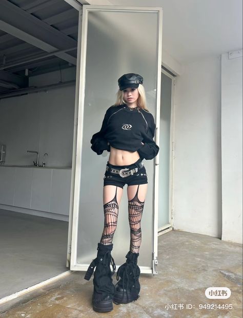 Japanese Emo Fashion, Rave Black Outfit, Shorts Grunge Outfit, Rammstein Concert Outfit, Berlin Rave Outfit, Emo Rave Outfit, Rave Outfit Aesthetic, Demonia Boots Outfit, New Rock Outfit