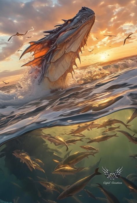 Giant Fish Fantasy Art, Two Legged Dragon, Ocean Dragon Art, Mythical Sea Creatures Art, Magical Fantasy Aesthetic, Element Dragons, Sea Wyvern, Water Dragon Art, Sea Dragon Art