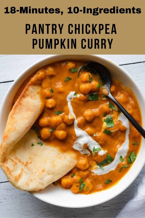 15-minute vegan Pantry Chickpea Pumpkin Curry requires 10-ingredients, and one saucepan to make. An easy & budget-friendly weeknight dinner. Oil-free option. Vegan Protein Meals, Weekly Dinner Recipes, Plant Based Diet For Beginners, Vegan Broth, Chickpea Vegan, Chickpea Curry Recipe, Vegan Pantry, Vegan Pumpkin Recipes, Curry Ingredients