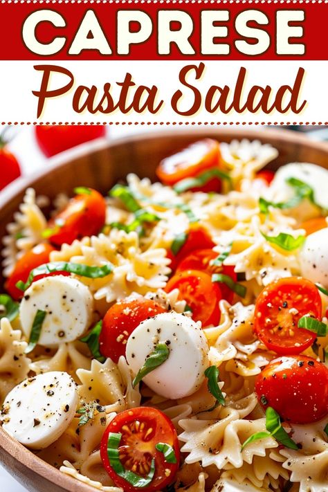 This Caprese pasta salad is full of color and flavor! It has all the classic Caprese elements, including mozzarella, tomatoes, and basil. Pasta Salad Recipes Caprese, Capri Pasta Salad, Italian Caprese Pasta Salad, Caprice Salad Tomato Mozzarella, Tomato With Mozzarella And Basil, Mozzarella Recipes Pasta, Salads With Tomatoes, Pasta Caprese Salad, Tomato Basil Mozzarella Salad