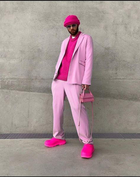 Mens Monochromatic Outfit Pink, All Pink Men Outfit, Pink Shoes Men Outfit, Men In Pink Aesthetic, Pink Monochromatic Outfit Men, Barbiecore Outfit Men, Pink Jacket Outfit Men, Pink Mens Outfits, Pink Fashion Men