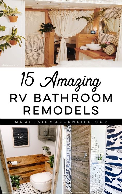 15 RV Bathroom Remodels that prove bigger isn\'t always better Rv Remodel Before And After, Rv Bathrooms, Camper Bathroom, Camper Interior Design, Camper Trailer Remodel, Rv Bathroom, Rv Renovation, Diy Camper Remodel, Rv Kitchen