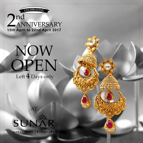 Hurry! Left 4 Days Only Sunar Jewels Celebrating Its 2nd Anniversary, Come Enjoy Anniversary Special Heavy Discount on All Jewellery. #Hurry! #NowOpen #2ndAnniversarySpecial #NewCollectionArrived #Sunar #SunarJewelsIndia 4 Gram Gold Earrings, Jewelry Mockup, Golden Jhumka, Temple Earrings, Jewellery Sketch, Mang Tika, Jhumka Designs, Gold Earrings Indian, 1 Gram Gold Jewellery