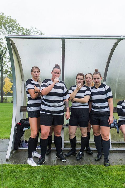 Five female rugby players are looking tough at the camera, standing in the dug out Dug Out, Rugby Player, Rugby Players, Womens Football, Sports Photography, Sports Team, Rugby, Soccer, Football