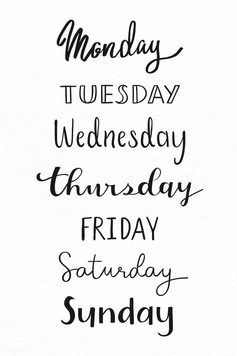 Weekdays Calligraphy, Premium Typography, Letras Cool, Bullet Journal Font, Journal Fonts, Sticker Png, Hand Lettering Alphabet, Bullet Journal Writing, Bullet Journal Art