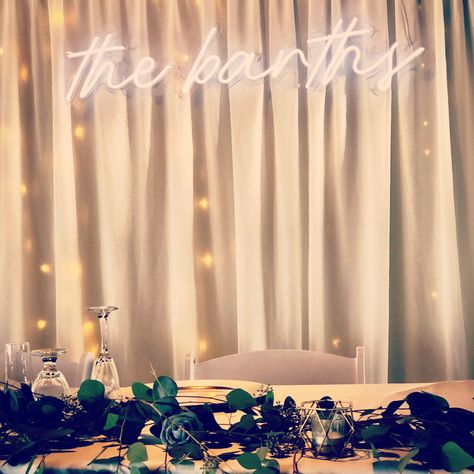 Neon Sign Wedding Head Table, Neon Sign Behind Head Table, Wedding Head Table With Neon Sign, Wedding Head Table Backdrop Neon Sign, Neon Sign On Sweetheart Table, Head Table Backdrop, Head Tables, Neon Wedding, Head Table