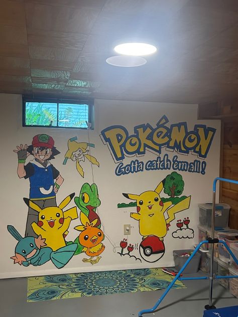 Kids’ Basement Wall Basement Walls, My Grandson, Painted Wall, The Basement, Room Wallpaper, Boy's Room, Basement, Wall Painting, Pokemon