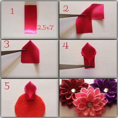 Flor Kanzashi Sewing Ribbon Flowers, Ribbon Flowers Diy, Kanzashi Tutorial, Ribbon Flower Tutorial, Diy Ribbon Flowers, Diy Flores, Ribbon Crafts Diy, Ribbon Embroidery Tutorial, Satin Ribbon Flowers