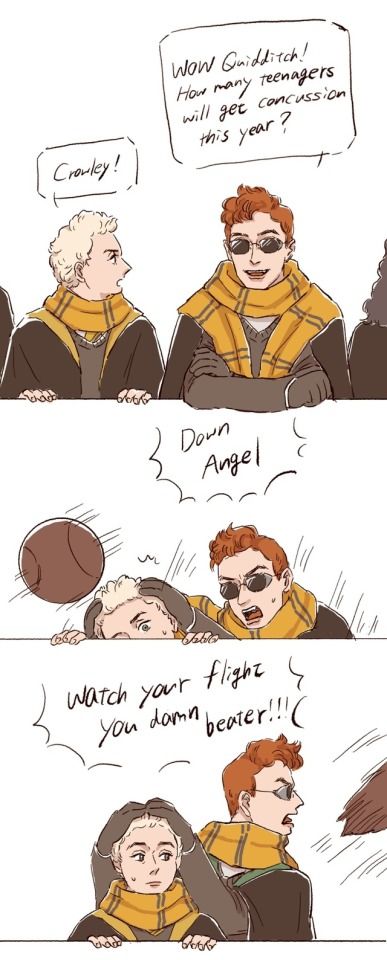 good omens | Tumblr Slytherin And Hufflepuff, Good Omens Book, Ineffable Husbands, Fandom Crossover, Good Omens, Harry Potter Fan Art, Angels And Demons, Comic Panels, Harry Potter Funny