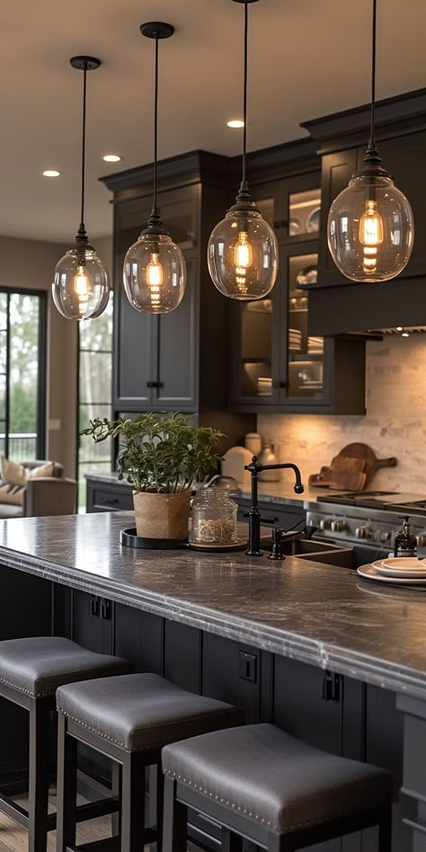 Kitchens With Black Islands, Modern Gothic Kitchen, Modern Kitchen Island, Dark Kitchen Cabinets, Kitchen Room Design, Kitchen Inspiration Design, Kitchen Redo, Kitchen Island Lighting, Trendy Kitchen