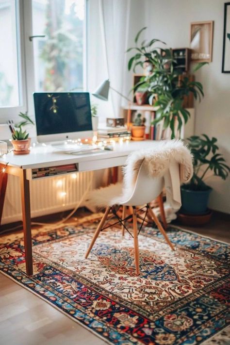 Chic Boho Office Decor Ideas to Inspire Creativity Boho Style Office Work Spaces, Colorful Boho Office, Bohemian Office Decor Ideas, Boho Desk Space, Boho Chic Home Office, Boho Office Space Workspaces, Boho Office Room, Boho Style Office, Boho Office Decor