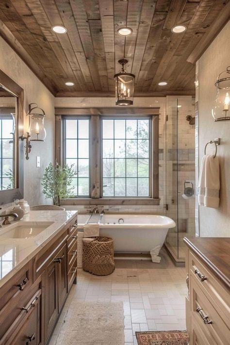 Embracing Charm: 10 Perfect Guide to Cottage Home Designs – Decomagz Farmhouse Mansion, Modern Farmhouse Master Bath, Farmhouse Master Bath, Rustic Modern Bathroom, Barndo Ideas, Style Bungalow, Snug Room, Dream Cabin, Rustic Bathroom Designs