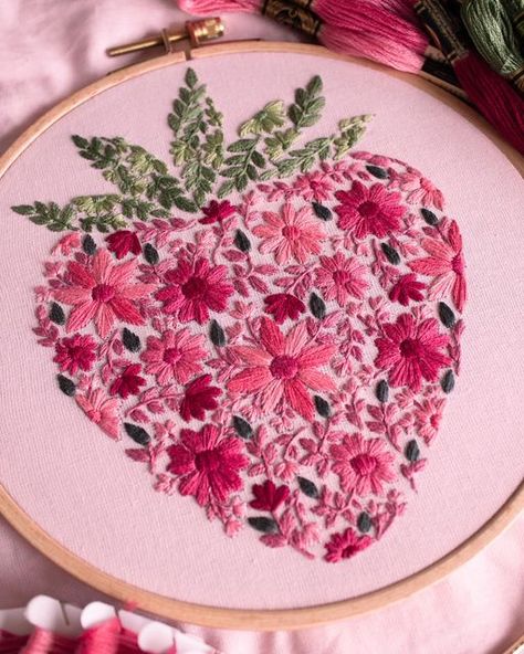 Aly Ploof on Instagram: "Good morning lovelies! I’m excited to announce “Berry in Bloom” is now live in shop 🍓🌸 The pattern is now available for all you fruit lovers & it’s actually a surprise reveal in that I stitched it on a pink tote bag! I’ll be releasing a handful of kits as some point tomorrow (I’m just collecting some last floss colours) as well 🫶🏻 What do you guys think of this new design? I know it got a lot of kind words during the wip phase, so I’m excited to where what you guys think now that it’s all finished! 🍓🌺 You can find the pattern linked in my stories or in my shop (link in my bio) 🌿" Fruit Embroidery Design, Embroidery On Pink Fabric, Cross Stitch Tote Bag, Relaxing Hobbies, Flower Stitches, Tomorrow And Tomorrow And Tomorrow, Fruit Embroidery, Strawberry Embroidery, Pdf Embroidery Pattern