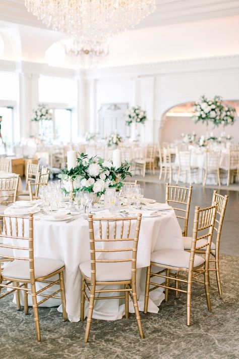 Golden Chair, Classic Wedding Reception, Reception Florals, Green Centerpieces, Summer Wedding Decorations, Elegant Wedding Venues, Elegant Wedding Reception, Blush Pink Weddings, Seaside Wedding