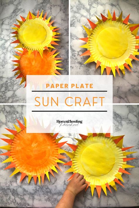 Paper Plate Sun Craft Sun Crafts Preschool, Eclipse Crafts For Kids, Preschool Sun Crafts, Sun Prek Activities, Preschool Sun Moon Stars, Preschool Sun Art Activities, 4 Seasons Craft, Sun Crafts For Preschoolers, Sun Kindergarten Craft