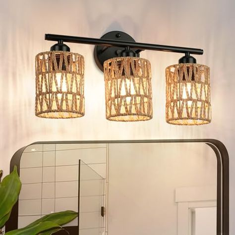 Rattan Bathroom, Farmhouse Bathroom Light Fixtures, Farmhouse Bathroom Light, Black Wall Lamp, Woven Lampshade, Bathroom Vanity Light Fixtures, Mirror Boho, Paint Makeover, Plug In Wall Lamp