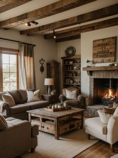 Rustic Oak Living Room Ideas, Small Rustic Living Room, Rustic Living Room Inspiration, Farmhouse Traditional Living Room, Cabin Living Room Ideas, Victorian Bungalow, Rustic Home Decor Living Room, Modern Country Living Room, Scandinavian Fireplace