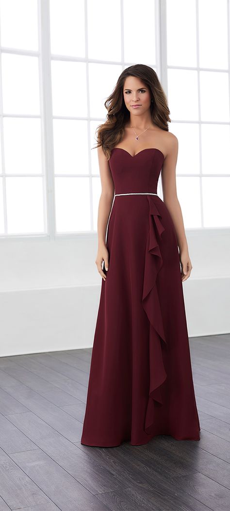 SPRING 2018 // Style 22816 | Strapless chiffon dress with a sweetheart neckline, beaded empire waist, and accent of ruffle chiffon. Pictured in: Mahogany. #ChristinaWu #Bridesmaids #SpringWedding Burgundy Maid Of Honor Dress, Mahogany Dress, Bridesmaids And Flower Girl, Fancy Clothing, Strapless Chiffon Dress, Christina Wu, Flower Veil, 2018 Style, Maid Of Honour Dresses