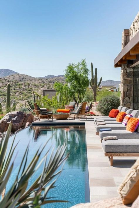 Desert Oasis: Top Arizona Pool Landscaping Ideas Southwest Pool Landscaping, Southwest Backyard Ideas, Desert Oasis Home, Arizona Pool Landscaping Ideas, Desert Pool Landscaping, Arizona Homes, Arizona Backyard Ideas, Spanish Modern Homes, Backyard Arizona