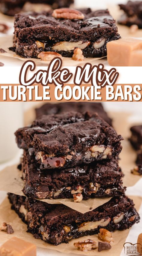 Cake Mix Turtle Cookie Bars made with a cake mix, chocolate chips, pecans and caramel topping. Gooey, delicious cookie bar recipe that is so easy to make! Turtle Bars Recipe, Turtle Cookie Bars, Cake Mix Bars, Indulgent Recipes, Fruity Cookies, Cake Mix Cookie Bars, Chocolate Cake Mix Cookies, Cookie Bars Easy, Easy Bar Recipes