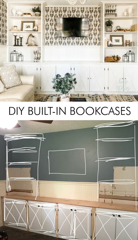 DIY built in bookcases diy bookshelves Built In Bookcases, Diy Bookshelves, Built In Bookshelves, Built In Shelves Living Room, Bookcase Diy, Living Tv, Bookshelves Diy, Built In Bookcase, Diy Cabinets