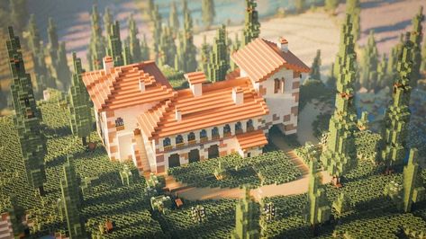 Italy House Italian Villa, Italian Style House, Villa Minecraft, Tuscany House, Minecraft House Ideas, Island Survival, Minecraft Interior Design, Minecraft House Tutorials, Minecraft Castle