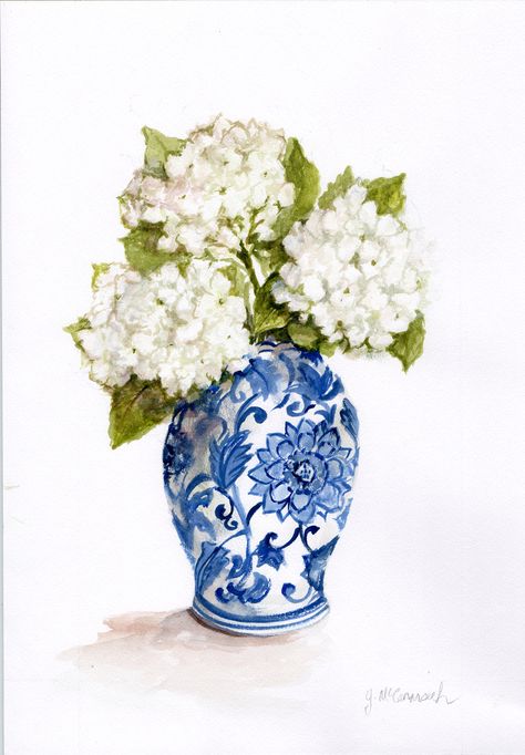 Blue and white vase, Hydrangeas~Watercolour painting Original by Gail McCormack available on A3 size watercolour paper from my website Blue And White Vase Painting, How To Draw Vase, Blue Blanc Decoration, Watercolor Vase, Delft Vase, Blue And White Watercolor, Hydrangeas Art, Blue And White Art, Hydrangea Painting