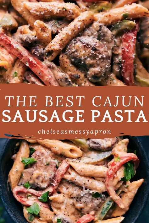 This Cajun Sausage Pasta is deliciously creamy, perfectly spiced, and deeply savory. Plus, we've made it a little bit lighter -- no heavy cream needed! #dinner #best #quick #easy #simple #noheavycream #comfortfood #kidfriendly #familyfriendly #cajun #sausage #pasta Cajun Pasta Recipes, No Heavy Cream, Cajun Sausage Pasta, Creamy Cajun Shrimp Pasta, Cajun Chicken Pasta Recipes, Cajun Sausage, Sausage Pasta Recipes, Spicy Pasta, Cajun Pasta