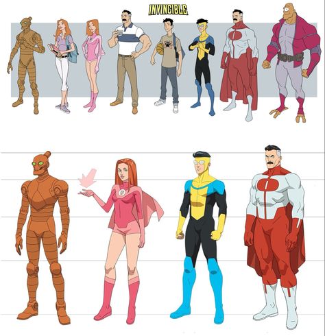 Invincible animated series pitch art vs. final product #invincible #omniman #nolangrayson #atomeve #markgrayson #robot #allenthealien #animated #animation #superhero #series #amazon #prime #cartoon #pitch #comics #comicbook The Invincible, Invincible Season 2, Invincible Model Sheet, Invincible Character Sheet, Robot Invincible, Invincible Reference, Omniman Art, Invincible Character Design, Invincible Concept Art