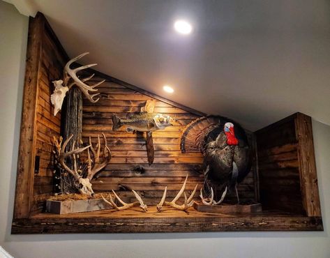 Turkey Hunting Decor, Hunting Room Design, Hunting Room Decor, Deer Mount Decor, Deer Mount Ideas, Deer Hunting Decor, Hunting Shack, Deer Head Decor, Hunting Crafts