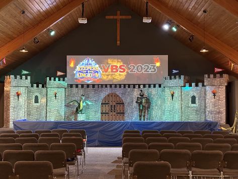 VBS Cardboard Castle Kingdom Party Decorations, Castle Stage Set, More Than Conquerors, Kingdom Vbs, Vacation Bible School Themes, Cardboard Castle, Vbs Themes, School Dances, Armor Of God