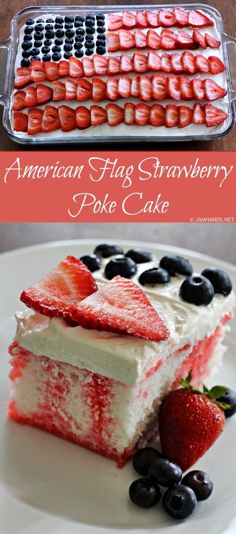 Jam Hands: American Flag Strawberry Poke Cake Sour Cream Coffee Cake Recipe, Flag Desserts, Strawberry Poke Cake, Best Carrot Cake Recipe, American Flag Cake, Strawberry Poke Cakes, Fourth Of July Cakes, Old Cookbooks, Flag Cake