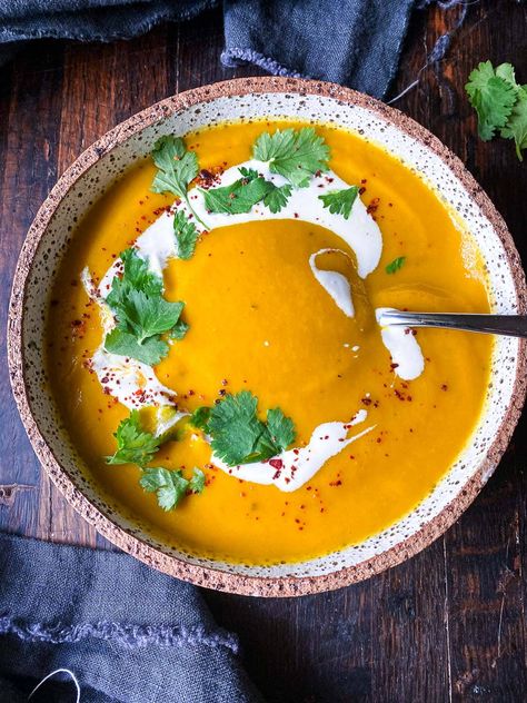 Spicy Carrot Ginger Soup, Carrot And Ginger Soup, Carrot Ginger Soup Recipe, Turmeric Soup, Fresh Turmeric Root, Feasting At Home, Carrot Soup Recipes, Coconut Milk Soup, Carrot Ginger Soup