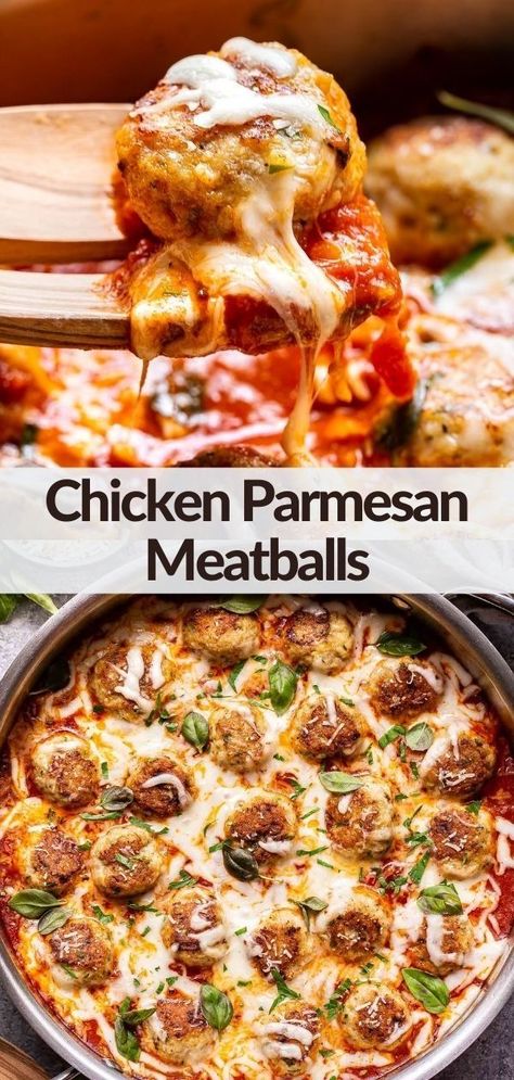 Chicken Parm Meatballs, Chicken Parmesan Meatballs, Low Calorie Chicken, Meatball Dinner, Parmesan Meatballs, Chicken Meatball Recipes, One Skillet, Chicken Parm, Comfort Food Recipes Dinners