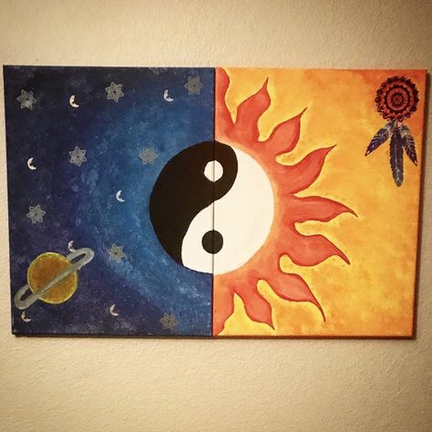 Ying Yang Painting Canvases, Sun And Moon Painting Canvases Easy, Half And Half Paintings, Yin Yang Painting Canvases, Sun And Moon Painting Easy, Matching Canvas Painting Ideas, Sun And Moon Canvas Painting, Double Canvas Painting, Matching Canvas Paintings