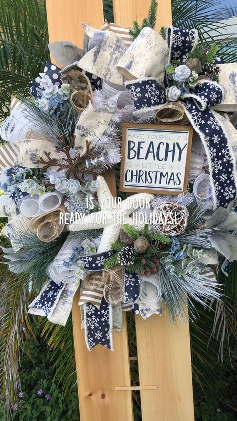 Is your door ready for the holidays! | Coastal christmas, Beach christmas decorations, Coastal christmas decor Nautical Christmas Tree, Beach Christmas Decorations, Christmas Beach, Coastal Christmas Decor, Blue Christmas Decor, Beachy Christmas, Nautical Christmas, Christmas Wreaths & Garlands, Christmas Cover