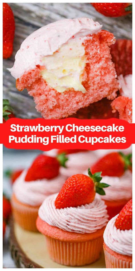 Ultimate Strawberry Cheesecake Pudding Filled Cupcakes - These festive and fluffy strawberry cupcakes are filled with an easy creamy cheesecake pudding and crowned with a fresh strawberry cream cheese frosting that is the ultimate treat! Everyone will go crazy over them, because who doesn’t love strawberries and cheesecake flavors together! #strawberry #cheesecake #strawberrycheesecake #cheesecakepudding #cupcakes #strawberryfrosting #strawberrycupcakes #partytreats Strawberry Cream Filling For Cupcakes, Cupcakes With Pudding Filling, Strawberry Cream Cheese Cupcakes, Strawberry Cupcakes With Filling, Fruit Filled Cupcakes, Pudding Filled Cupcakes, Filled Cupcake Recipes, Strawberry Cheesecake Pudding, Cupcake Filling Recipes