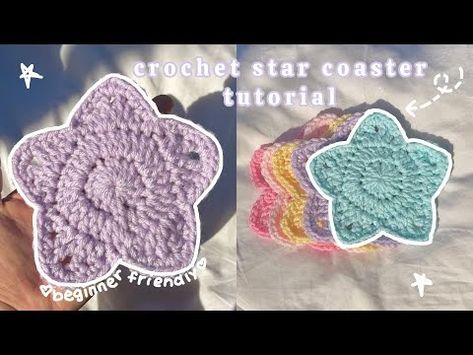 Beginner friendly ⋆˚☆˖° ✨crochet star coaster tutorial ⭐️ ⋆˚☆˖° - YouTube Star Crochet Coaster, How To Crochet A Coaster, Star Coaster Crochet Pattern, Crochet Star Coaster, Purple Crochet Ideas, Crochet Coaster Pattern Free, Cute Crochet Coasters, Crochet Crocodile Stitch Pattern, Crochet Coaster Patterns