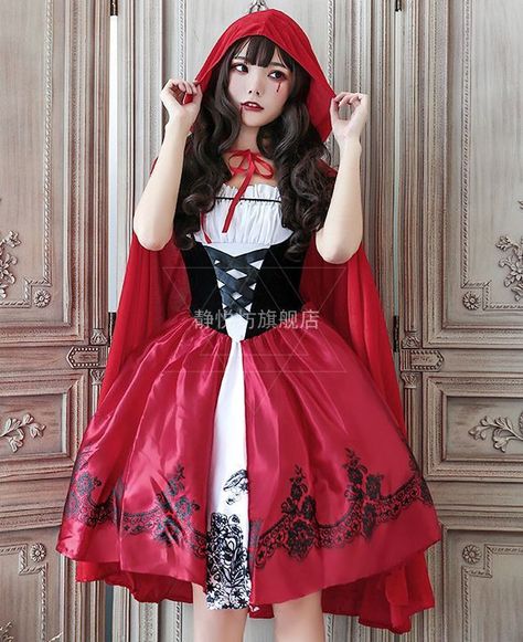 Red Cape Costume, Red Riding Hood Makeup, E Girl Dress, Red Riding Hood Cosplay, Cape Outfit, Vampire Witch, Red Riding Hood Costume, Dress Cape, Witch Dress